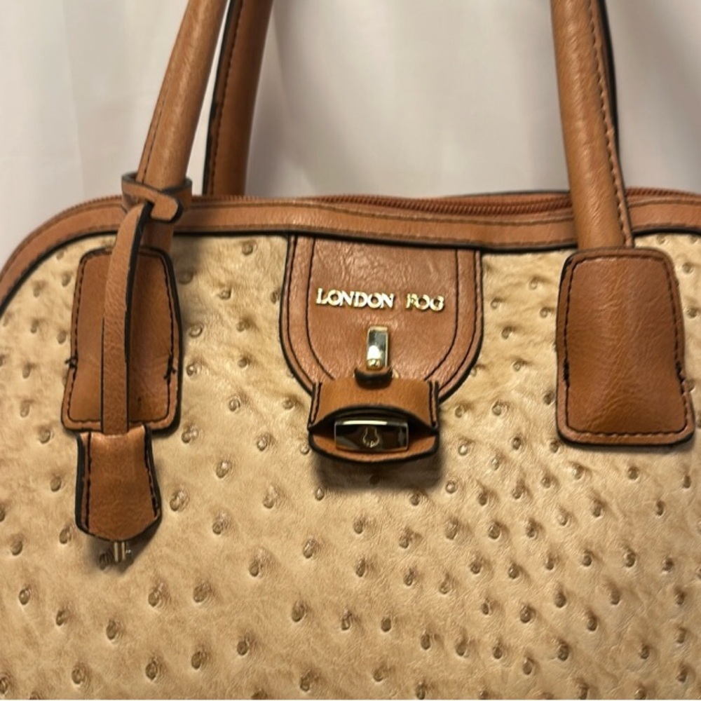 Vintage London Fog Tan and Brown Satchel with Ostrich Texture